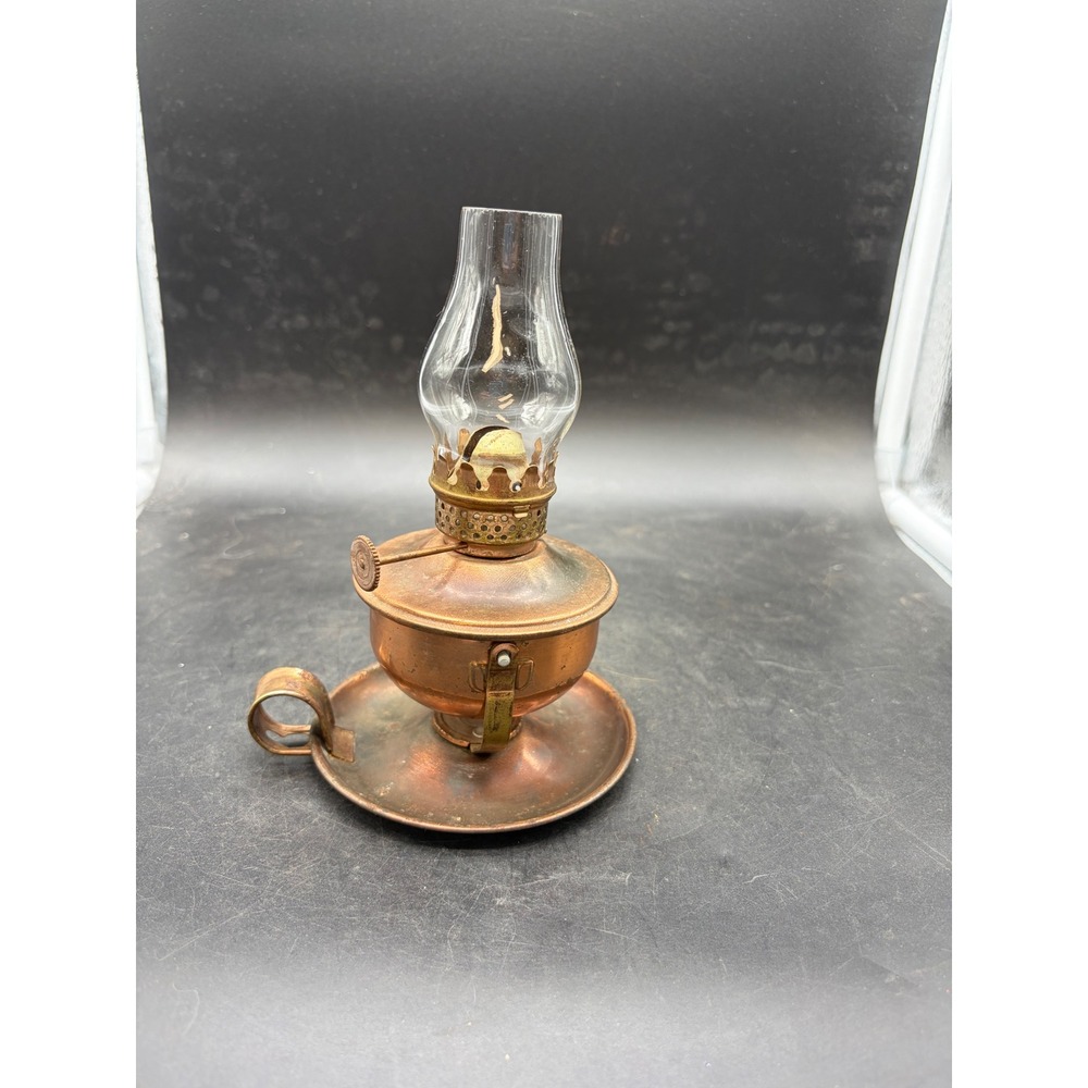 Vintage Miniature Copper Oil Lamp with Glass Chimney Finger Hold Saucer Base